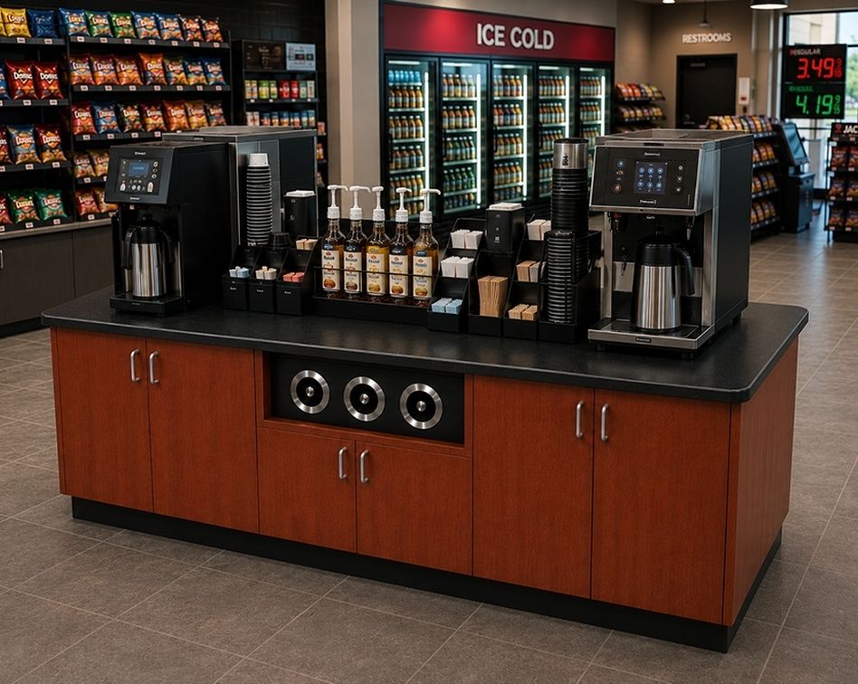 Convenience store coffee counter and checkout display
