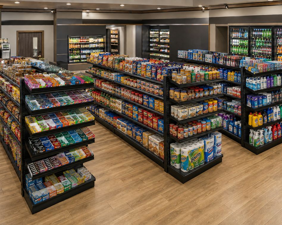 Gondola shelving aisles stocked in a retail store